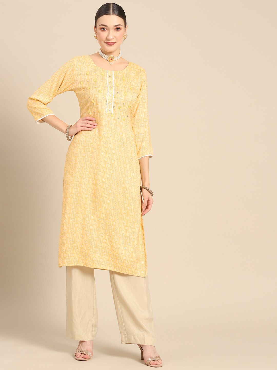 

Sangria Ethnic Motifs Printed Beads and Stones Kurta, Yellow