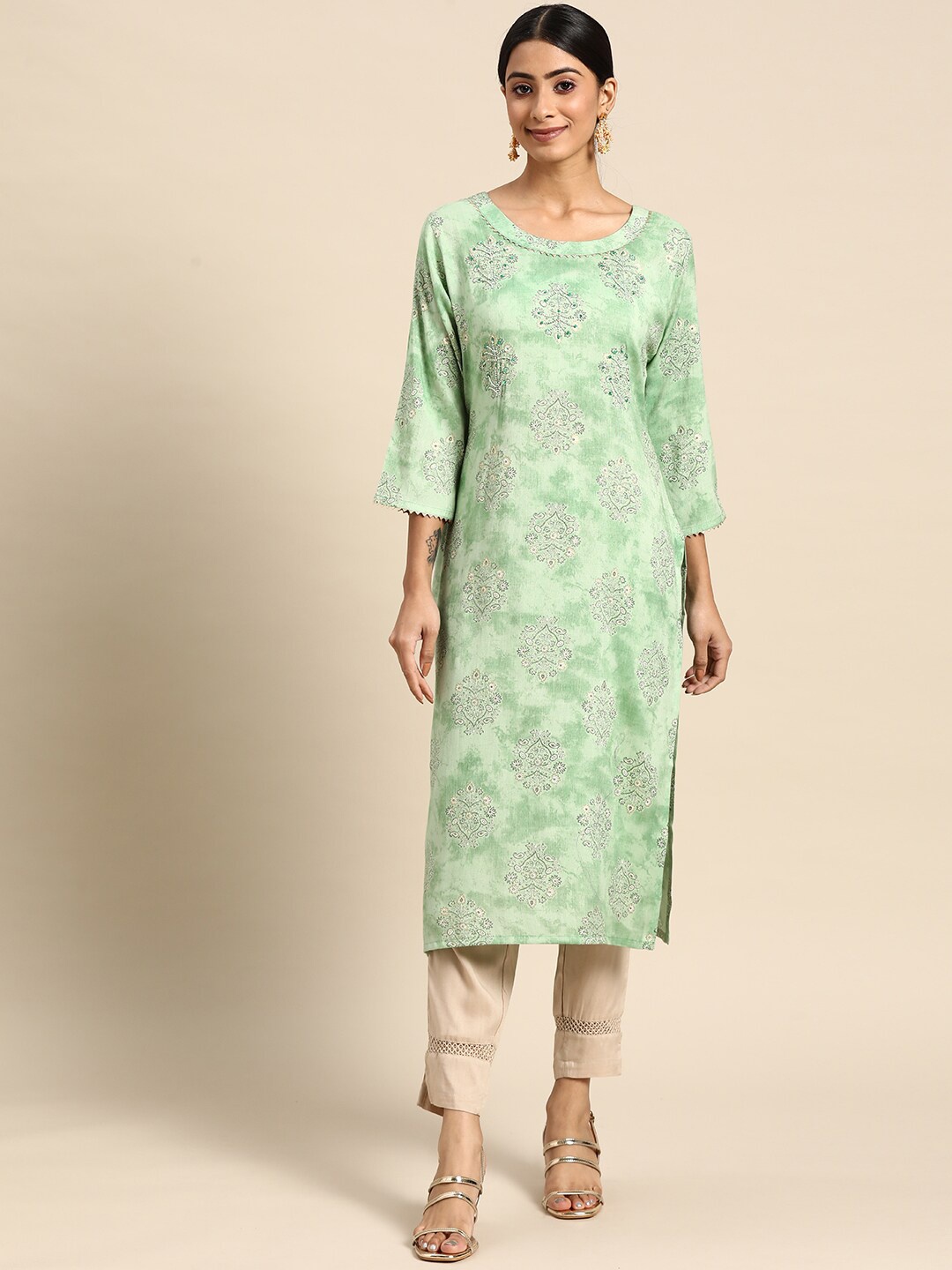 

Sangria Ethnic Motif Printed Thread Work Straight Kurta, Sea green