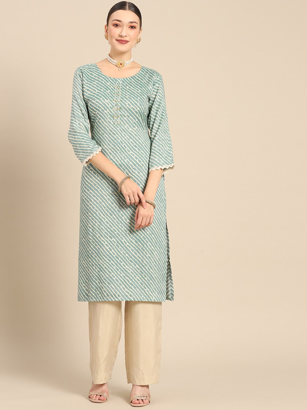 

Sangria Leheriya Printed Thread Work Straight Kurta, Teal