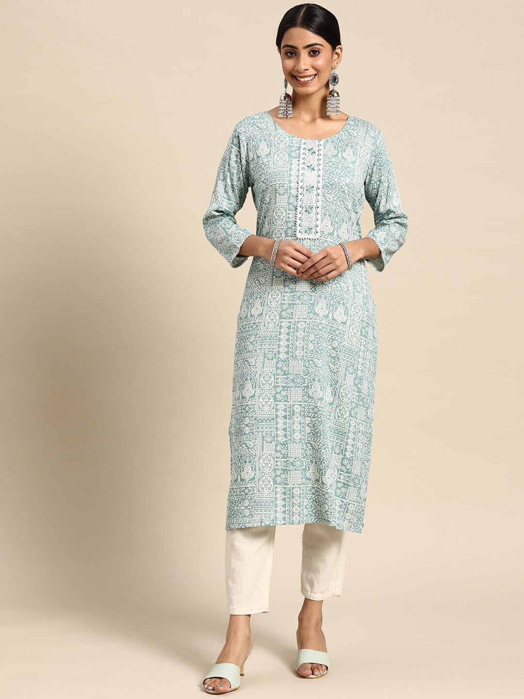 

Sangria Ethnic Motifs Printed Gotta Patti Cotton Kurta, Blue