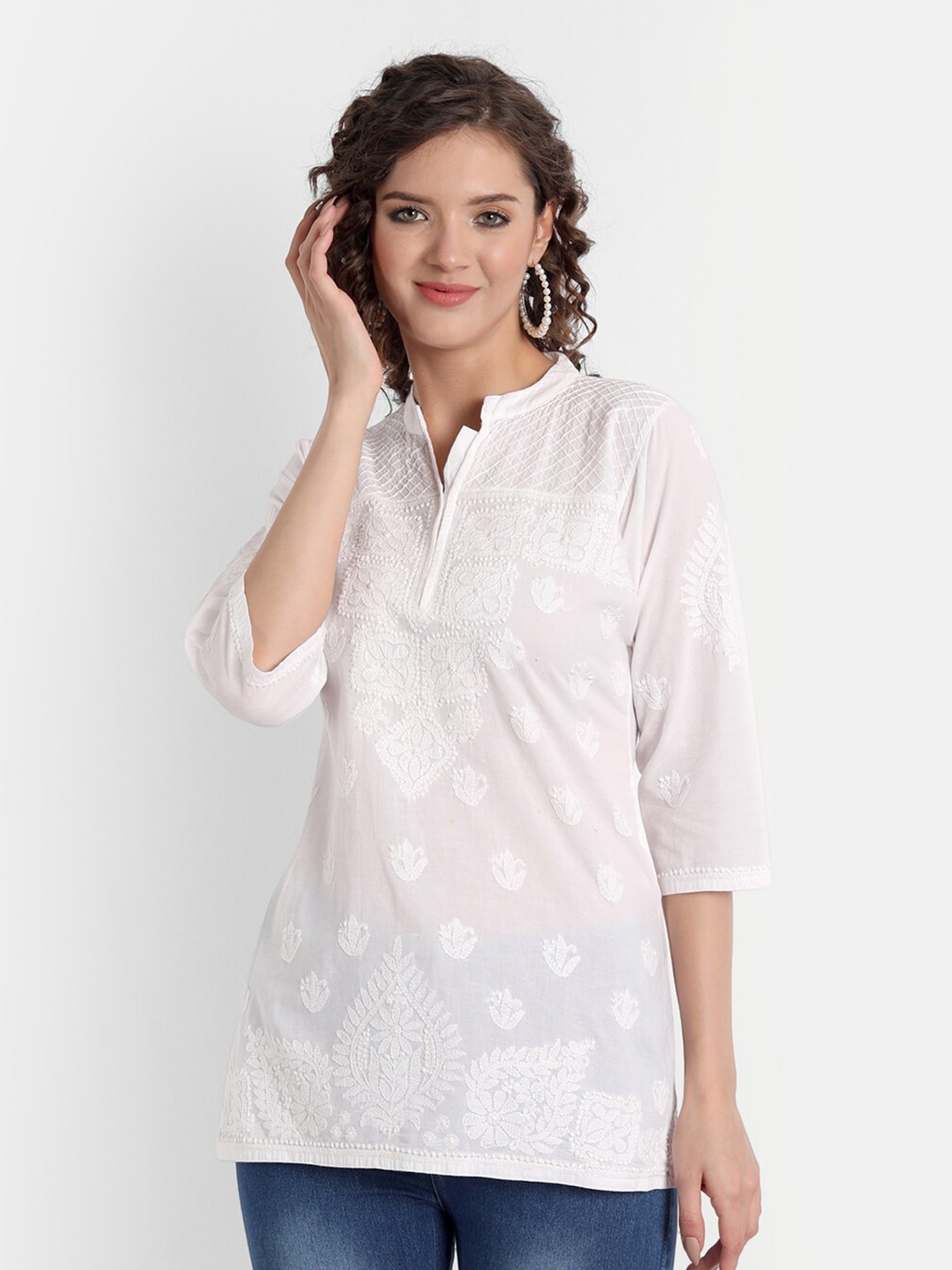 

Indiankala4u Chikankari Work Mandarin Collar Top, White