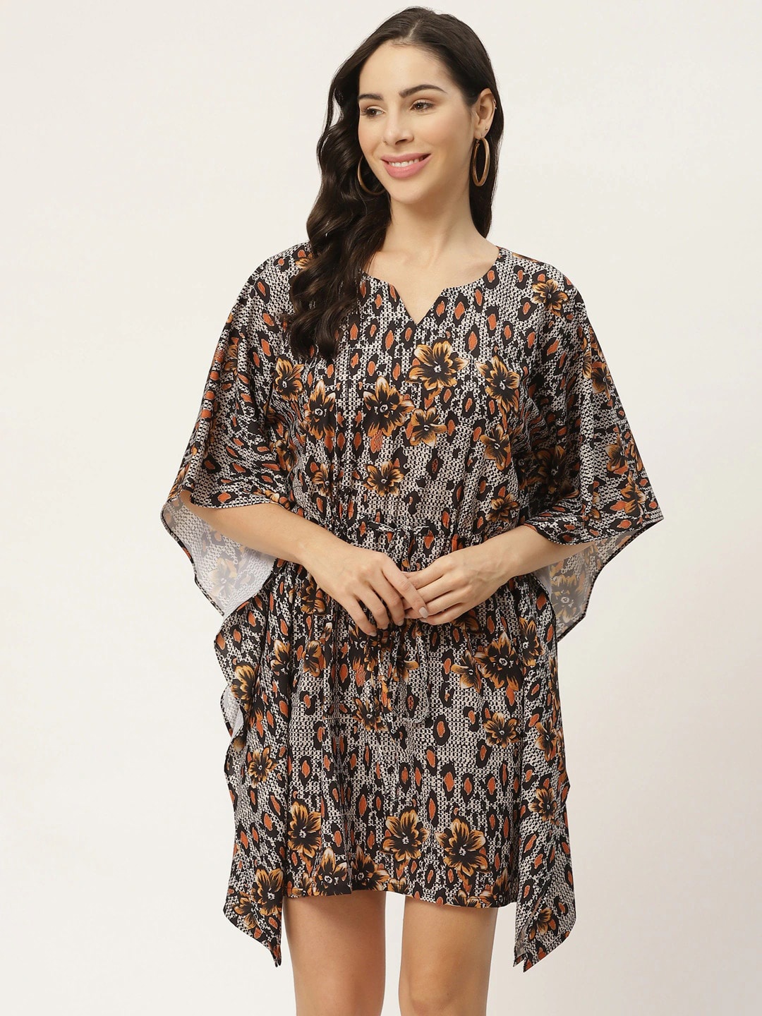

Sangria Flared Sleeves Floral Printed Kaftan Dress, Cream