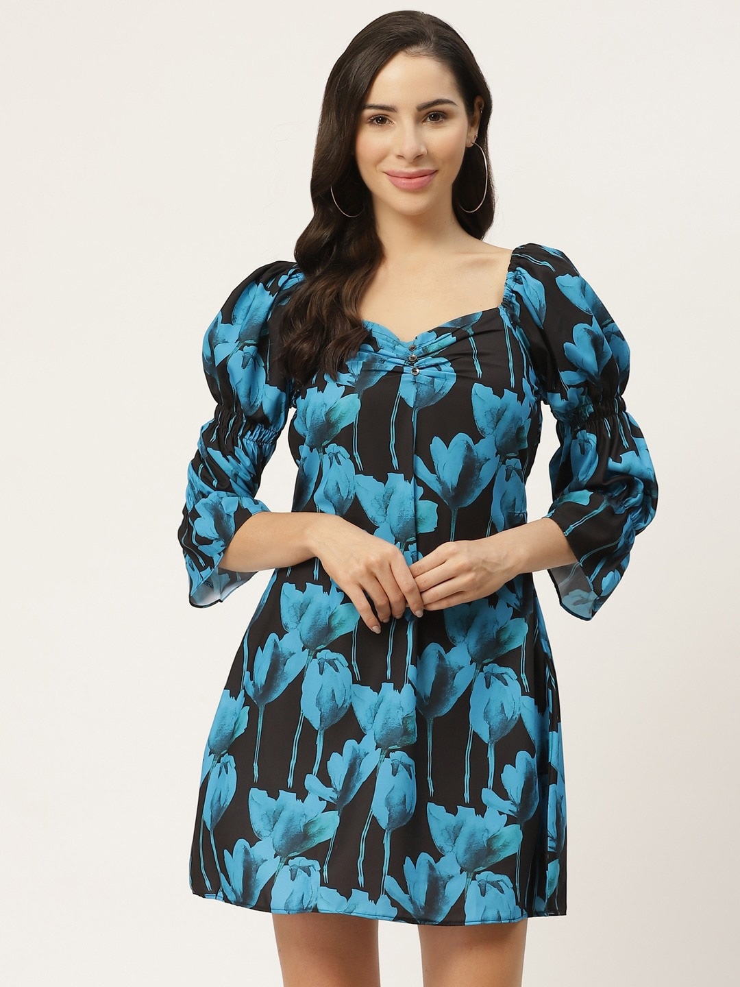 

Sangria Floral Printed A-Line Mini Dress, Black