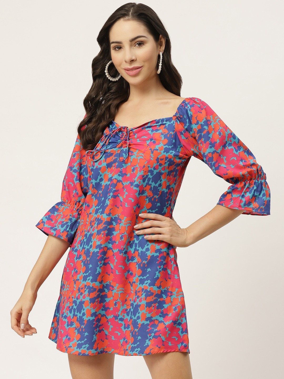 

Sangria Printed Sweetheart Neck A-Line Mini Dress, Blue