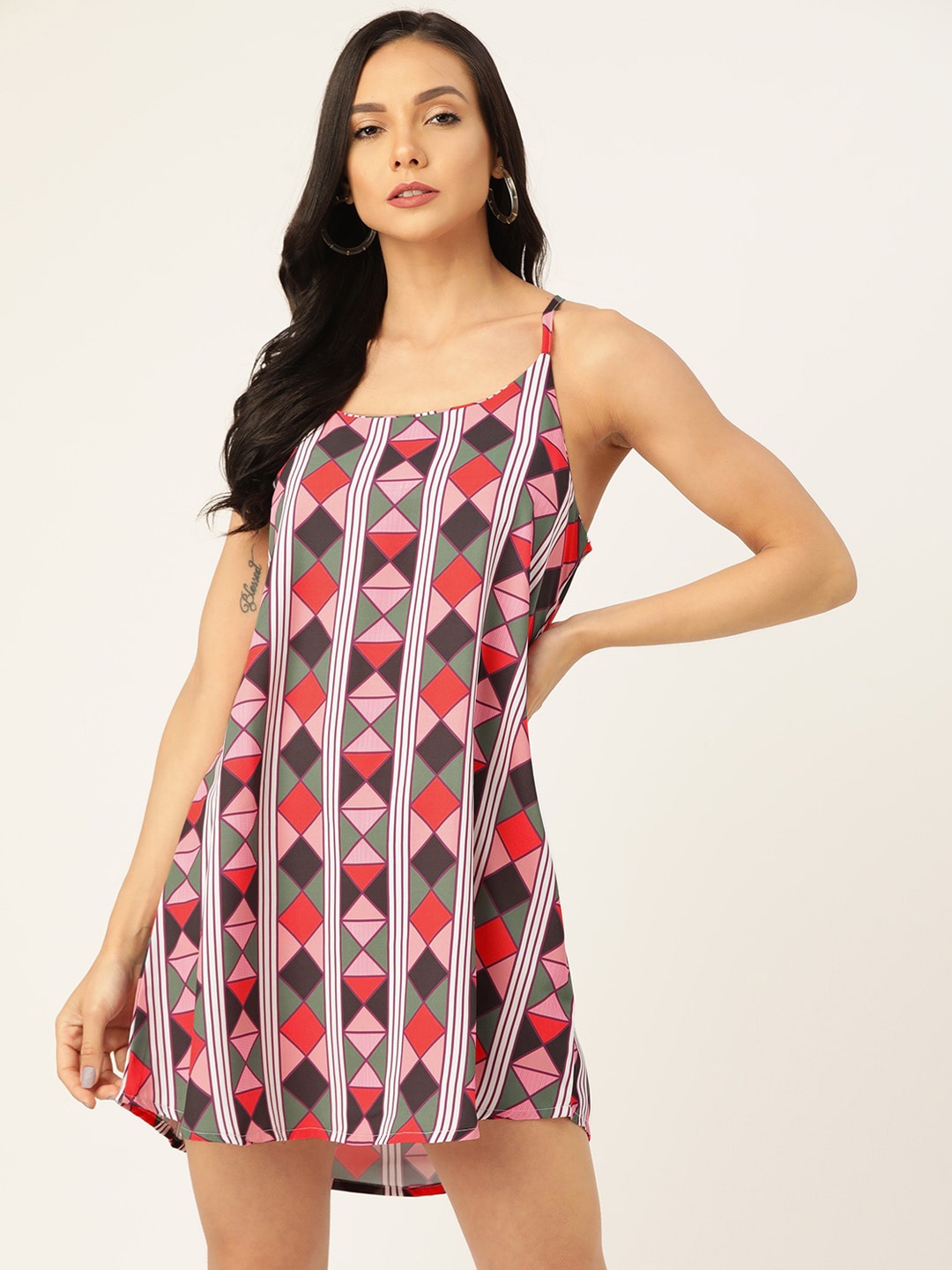 

Sangria Geometric Printed A-Line Mini Dress, Red