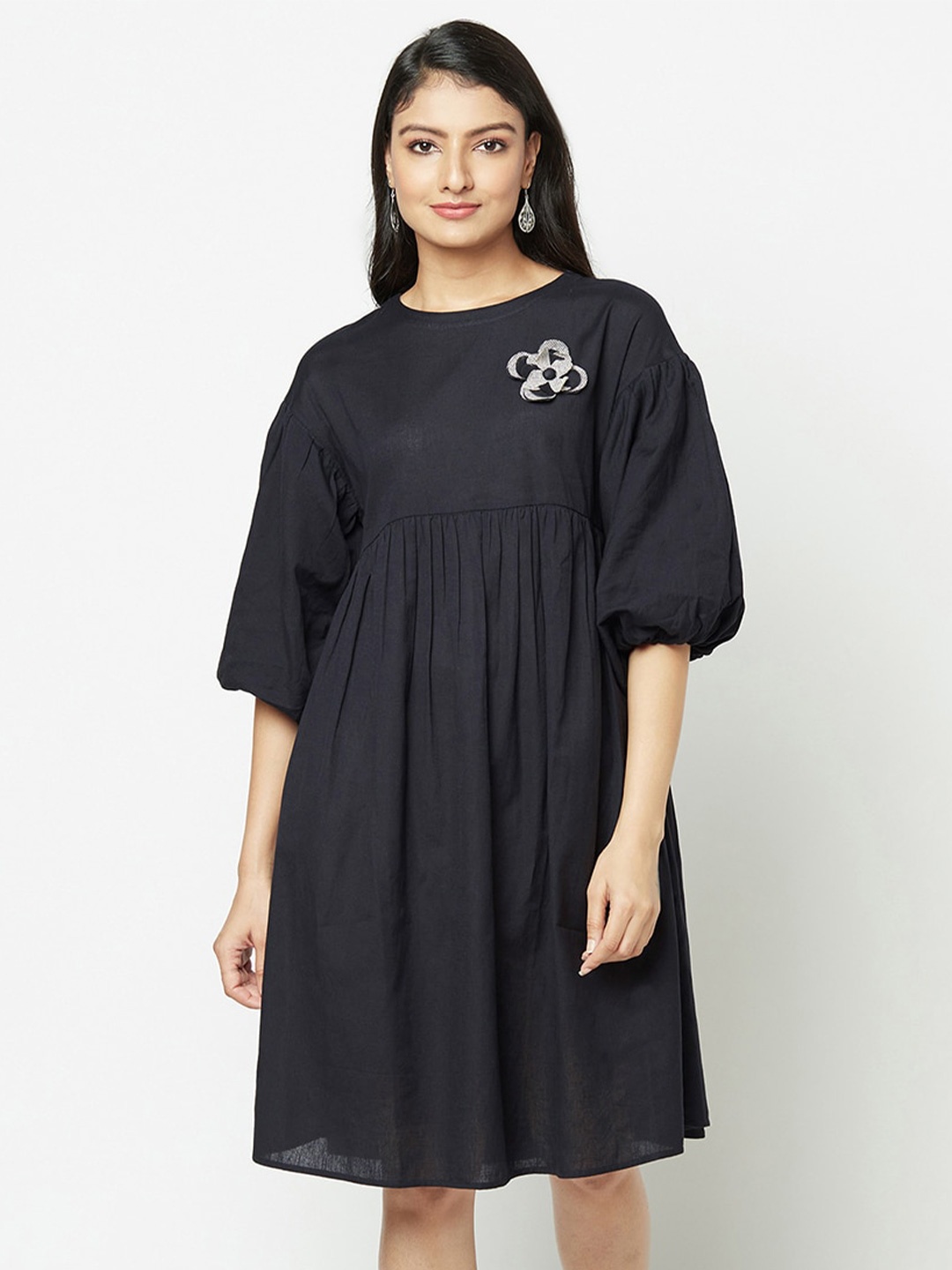 

Fabindia Round Neck Puff Sleeves Cotton Dress, Black