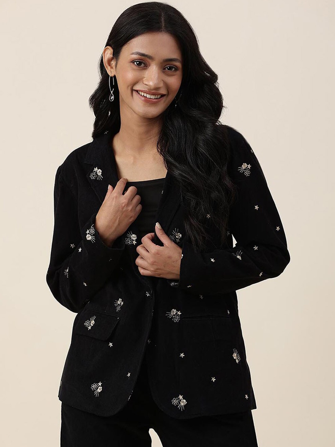 

Fabindia Women Embroidered Tailored Jacket, Black