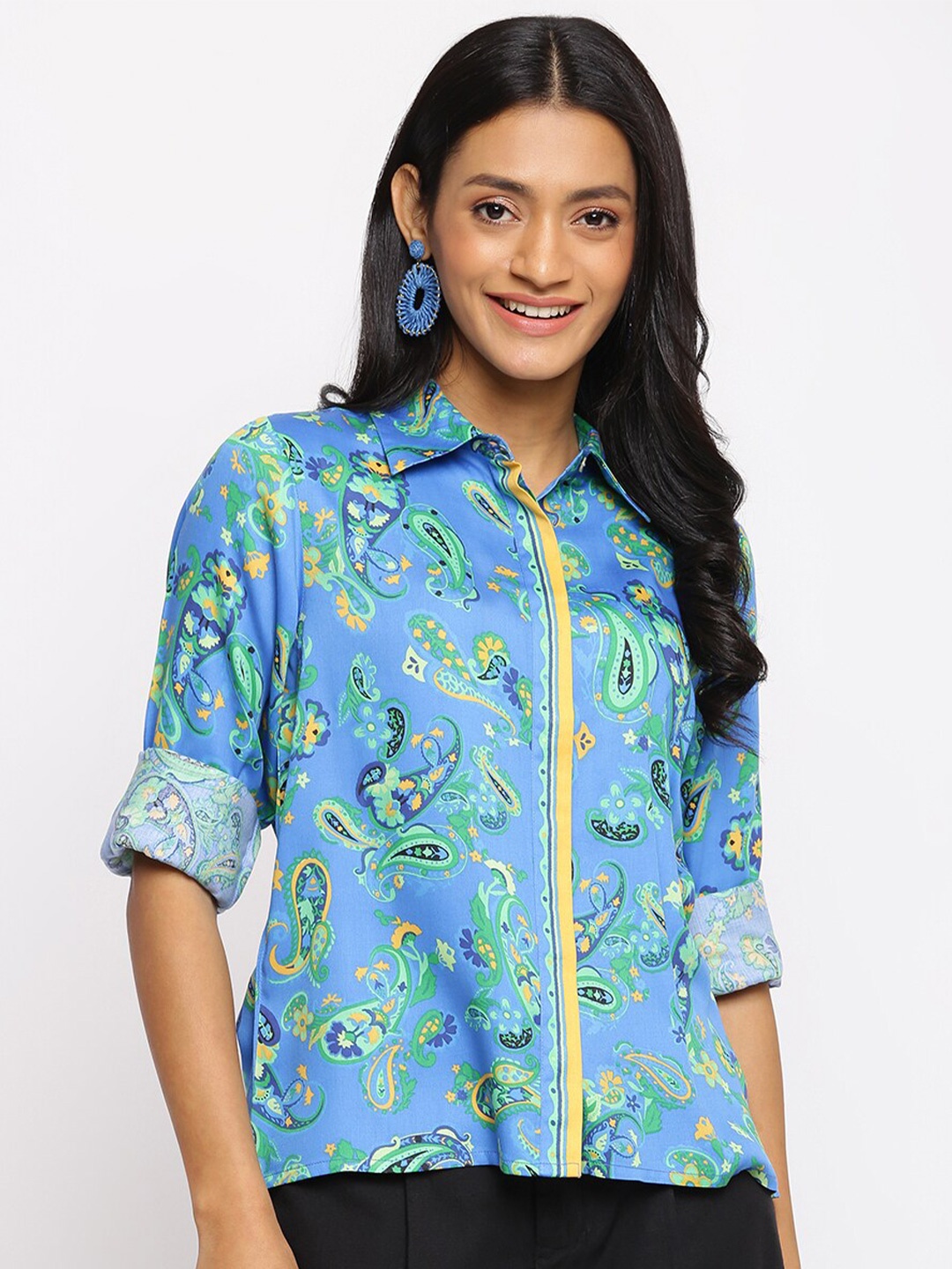 

Fabindia Women Comfort Printed Casual Modal Shirt, Blue