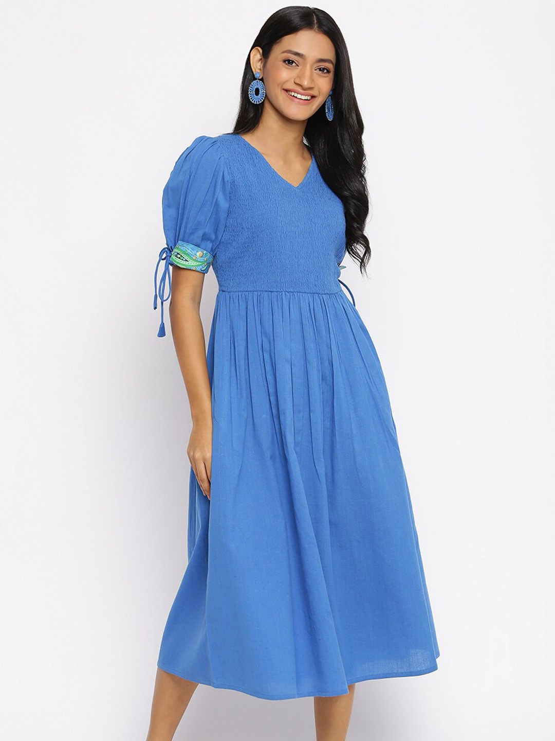 

Fabindia Smocked Cotton Midi Dress, Blue