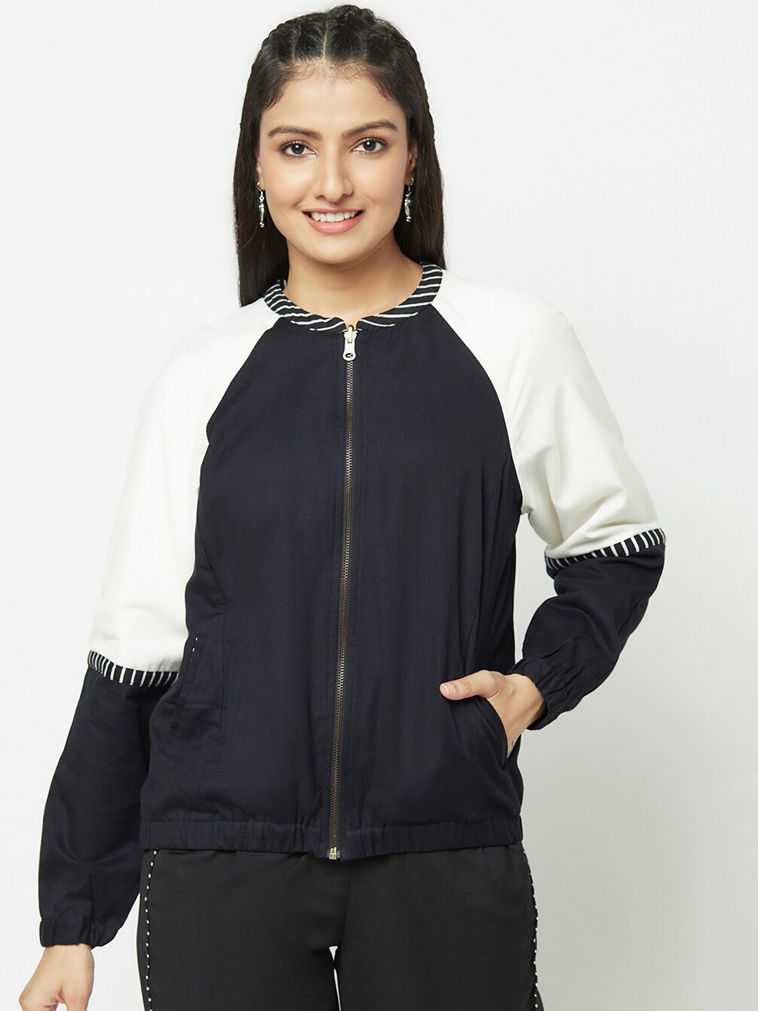 

Fabindia Women Colourblocked Cotton Linen Open Front Jacket, Black