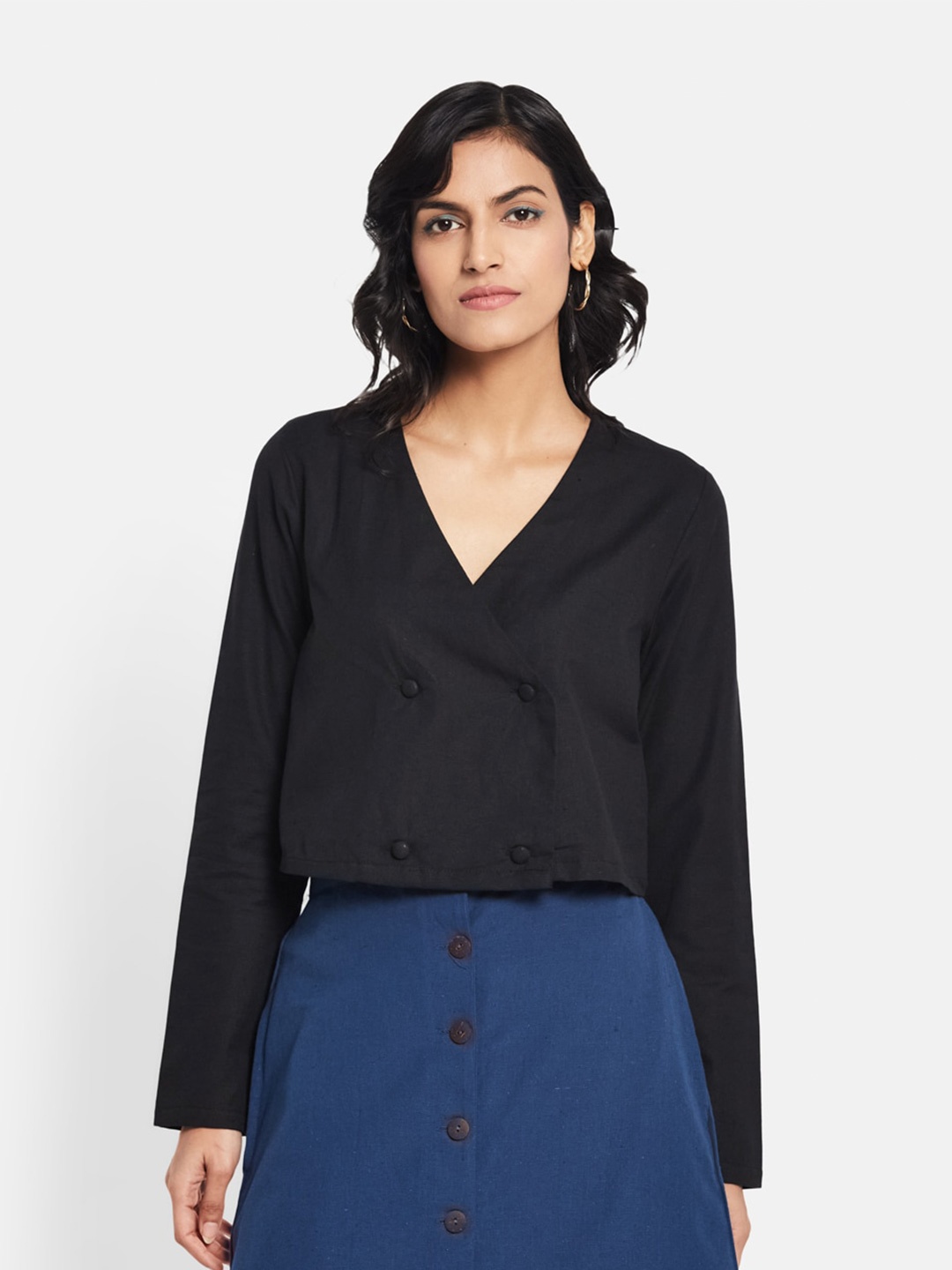 

Fabindia V-Neck Long Sleeves Cotton Wrap Top, Black