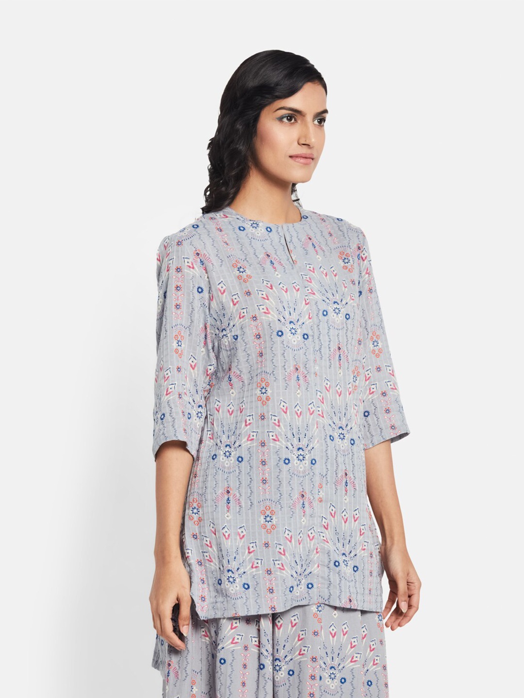 

Fabindia Ethnic Motifs Printed Cotton Top, Grey