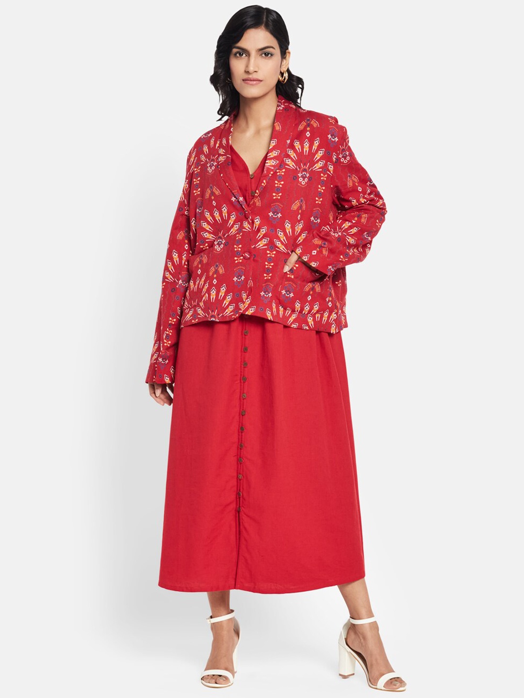 

Fabindia Women Geometric Printed Cotton Linen Tailored Jacket, Red