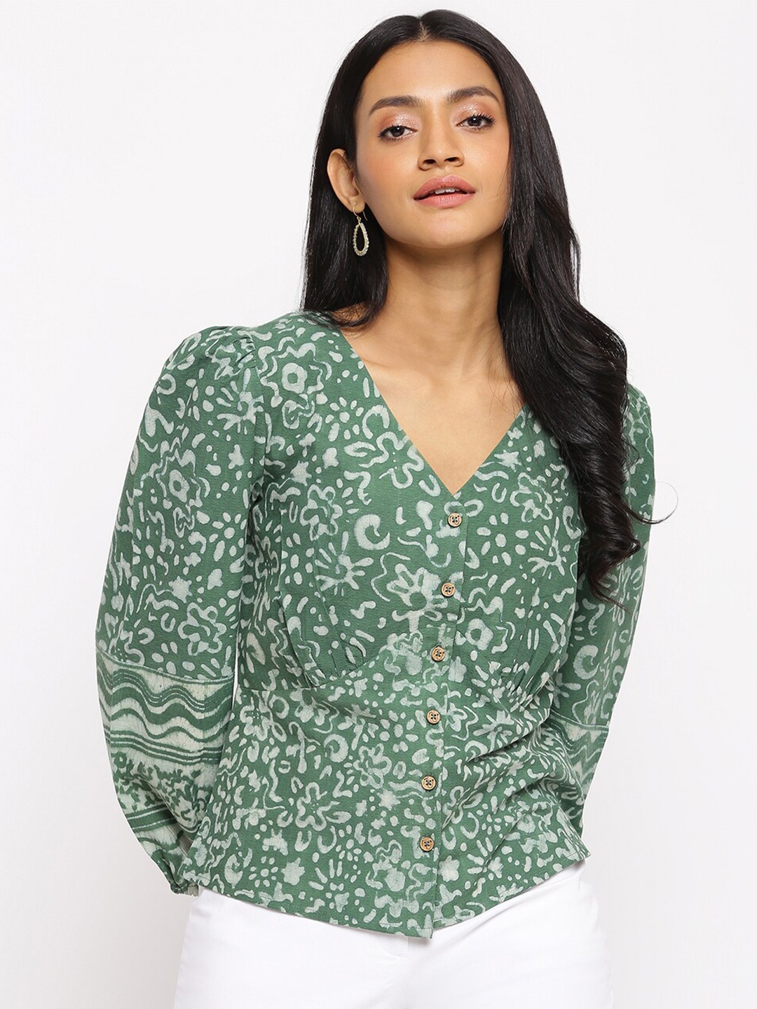 

Fabindia V-Neck Ethnic Motifs Printed Cotton Top, Green
