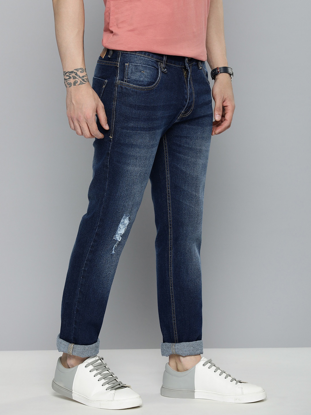 

Mast & Harbour Men Low Distress Heavy Fade Stretchable Jeans, Navy blue