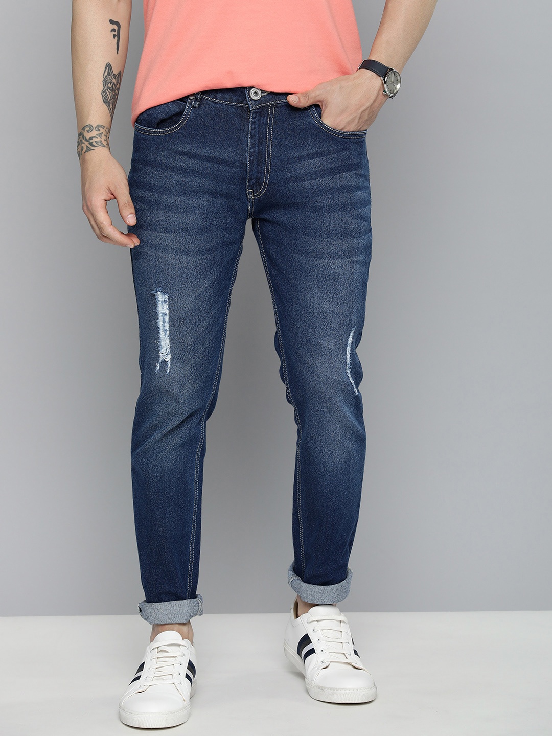 

Mast & Harbour Men Low Distress Light Fade Stretchable Jeans, Navy blue