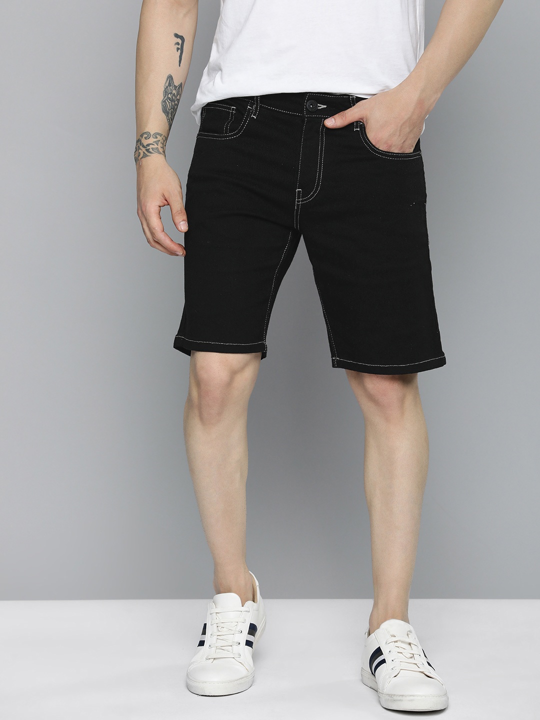 

Mast & Harbour Men Mid-Rise Denim Shorts, Black