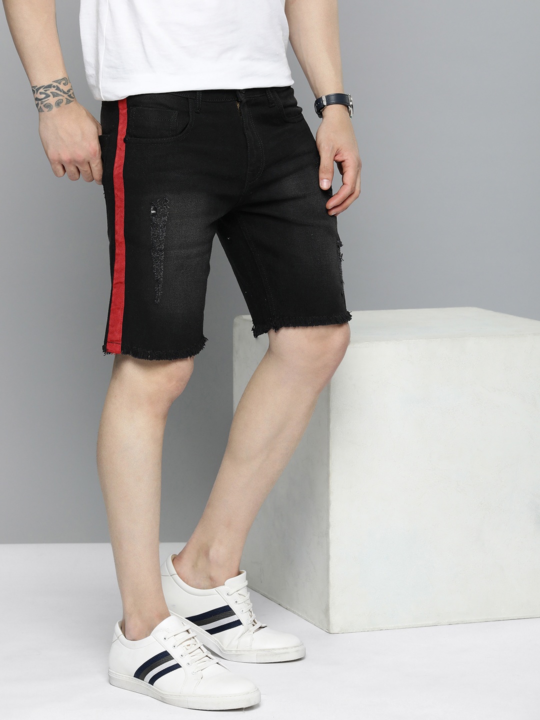 

Mast & Harbour Men Washed Distressed Denim Shorts With Striped Detail, Black