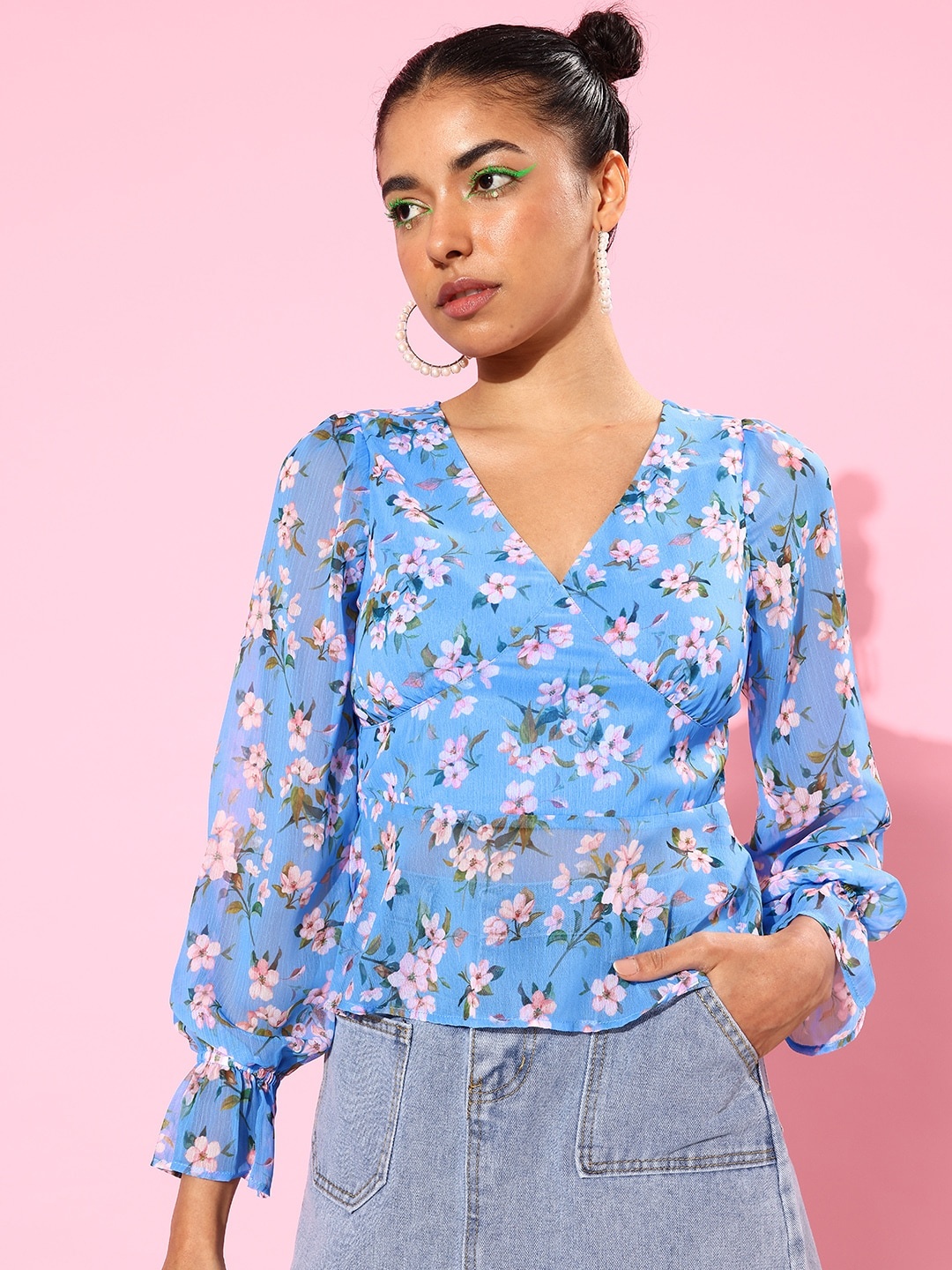 

HERE&NOW Sky Blue Bell Sleeve Romance Ramble Meadow Flora Peplum Top