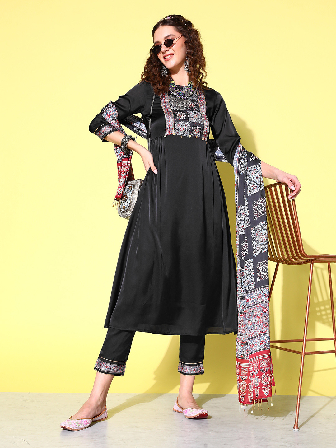 

Sangria Ethnic Motifs Yoke Design Pleated Mirror Work Kurta with Trousers & Dupatta, Black