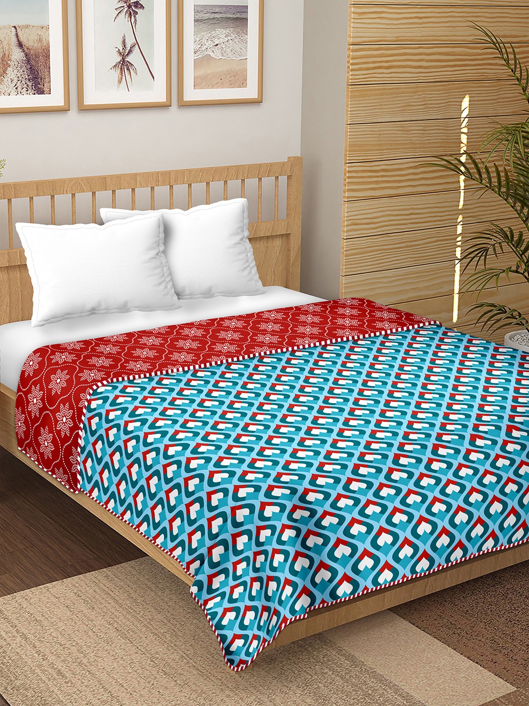 

BELLA CASA Blue & Red Geometric Microfiber AC Room 150 GSM Double Bed Dohar