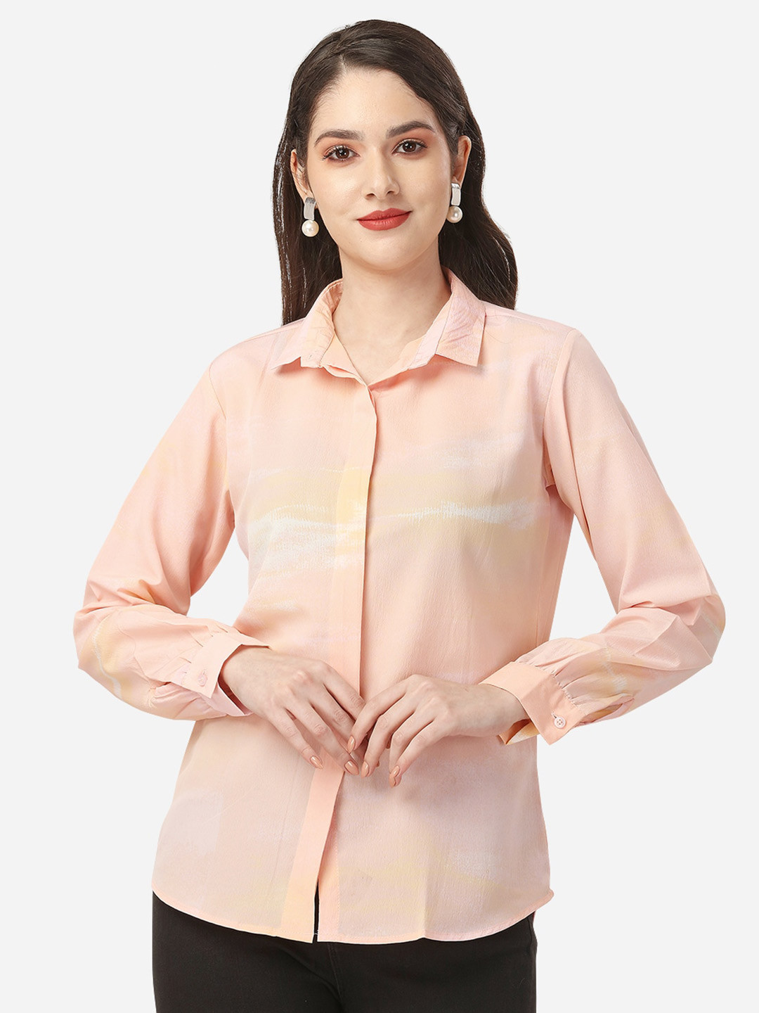 

Fbella Women Abstract Printed Casual Shirt, Peach