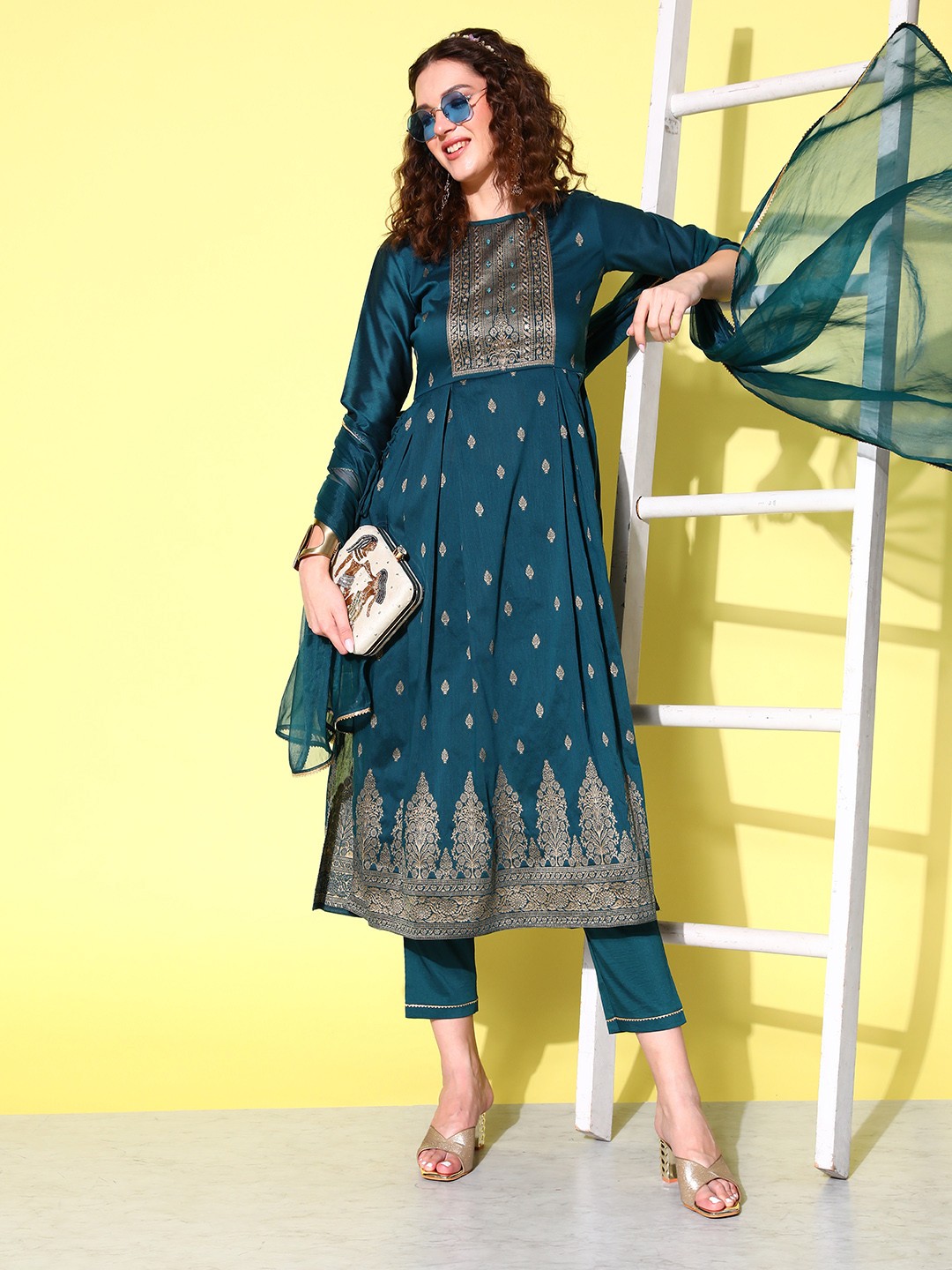 

Sangria Floral Yoke Design Pleated Chanderi Silk Kurta with Trousers & With Dupatta, Teal