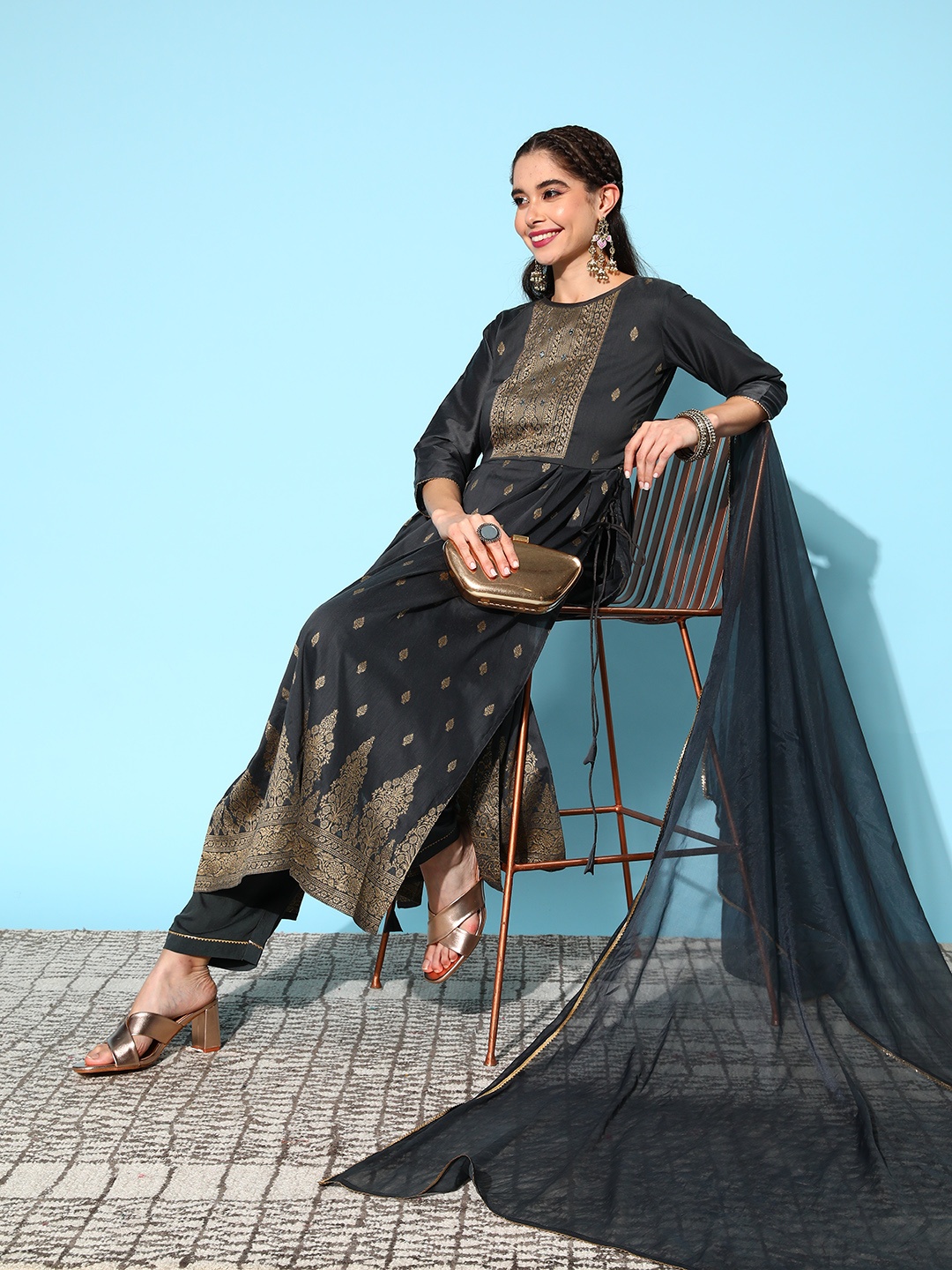 

Sangria Ethnic Motifs Yoke Design Pleated Chanderi Silk Kurta with Trousers & With Dupatta, Charcoal