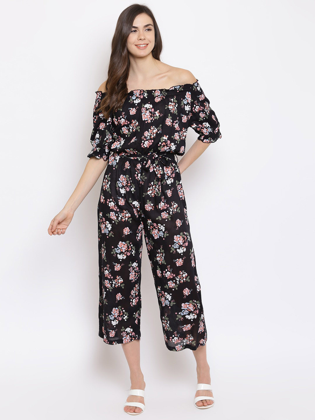 

Mayra Floral Printed Off-Shoulder Basic Jumpsuit, Black