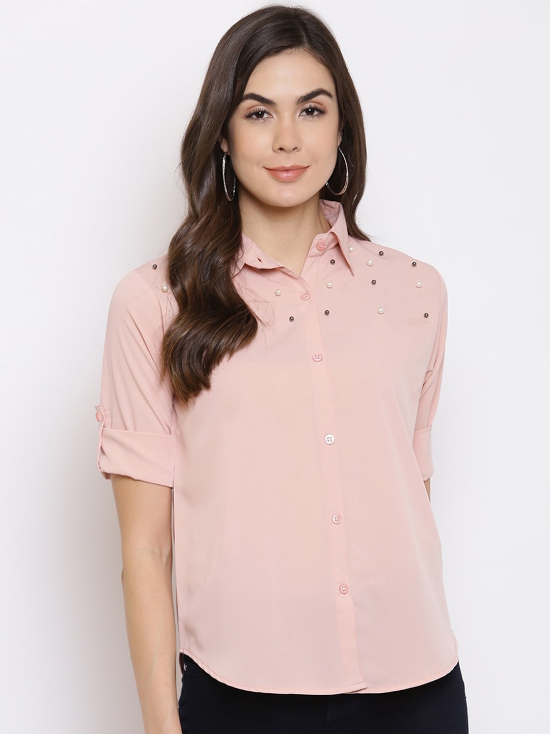 

Mayra Women Roll-Up Sleeves Slim Fit Casual Shirt, Pink