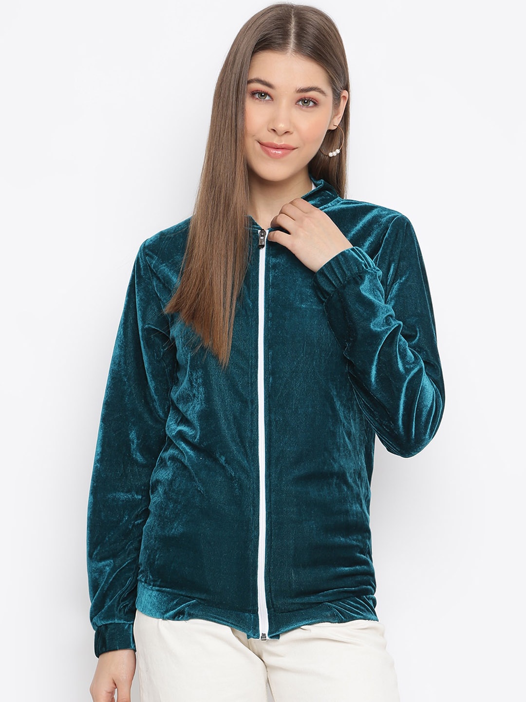 

Mayra Bomber Mock Collar Full Sleeve Velvet Jacket, Green