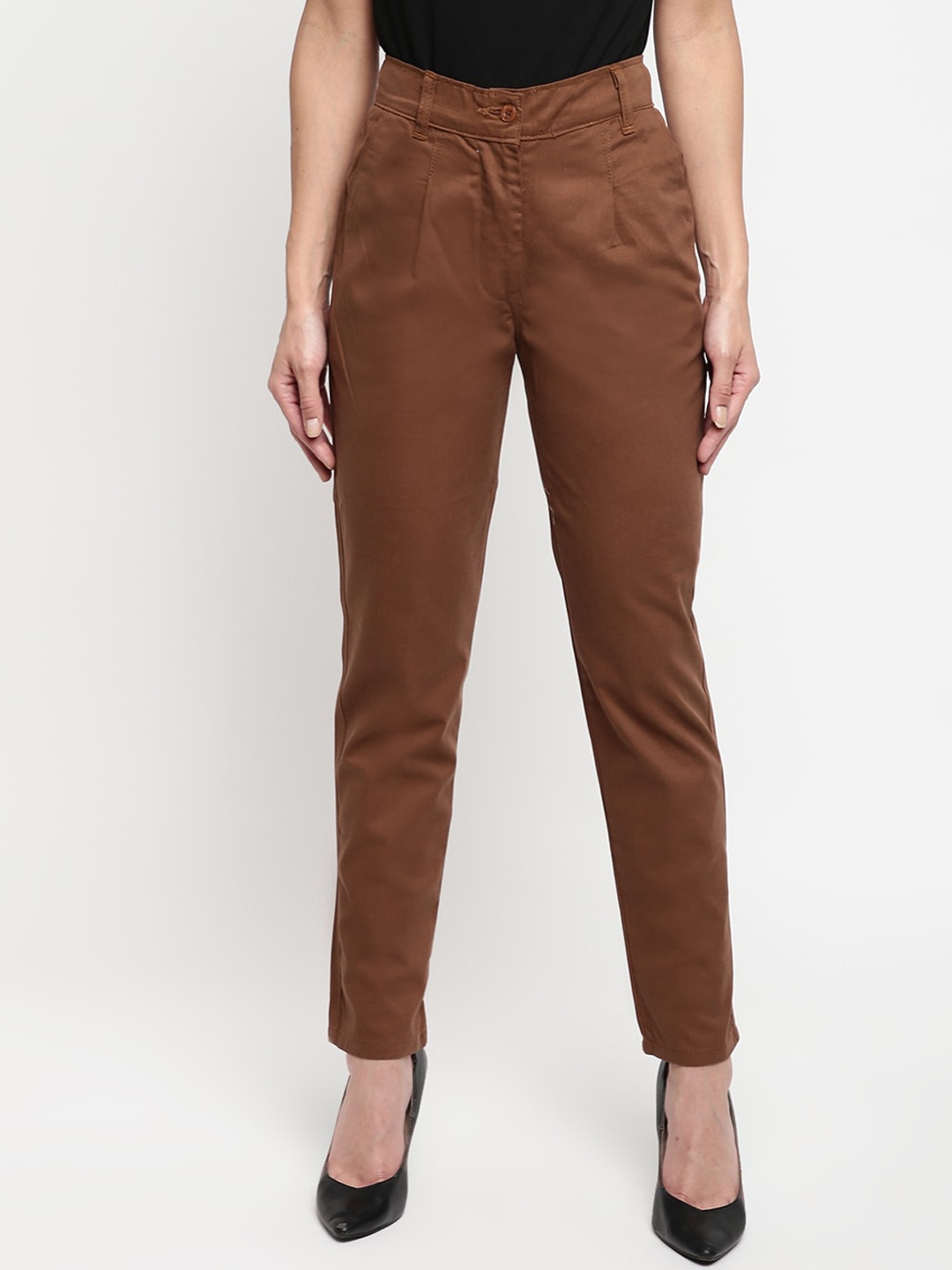 

Mayra Women Mid Rise Cotton Pleated Trousers, Brown