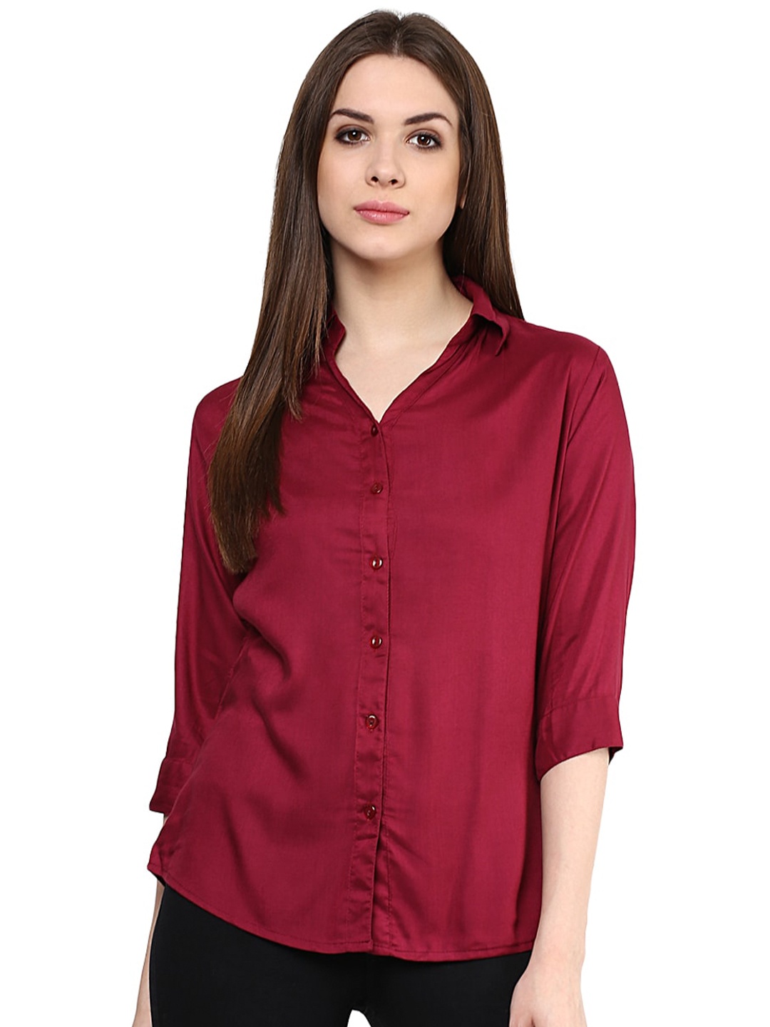 

Mayra Solid Crepe Spread Collar Casual Shirt, Maroon