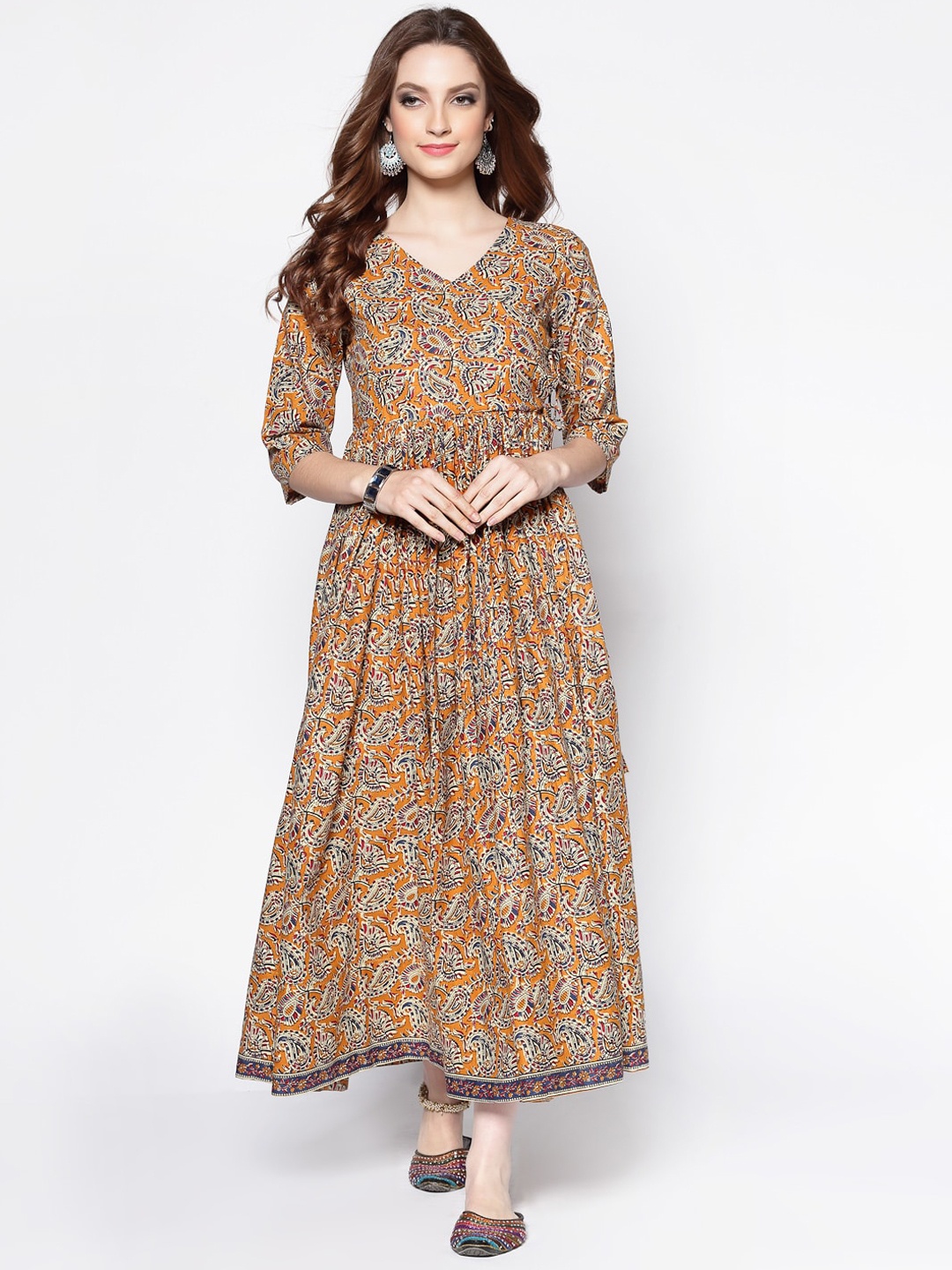 

Sera Paisley Printed Cotton Anarkali Angrakha Kurta, Mustard