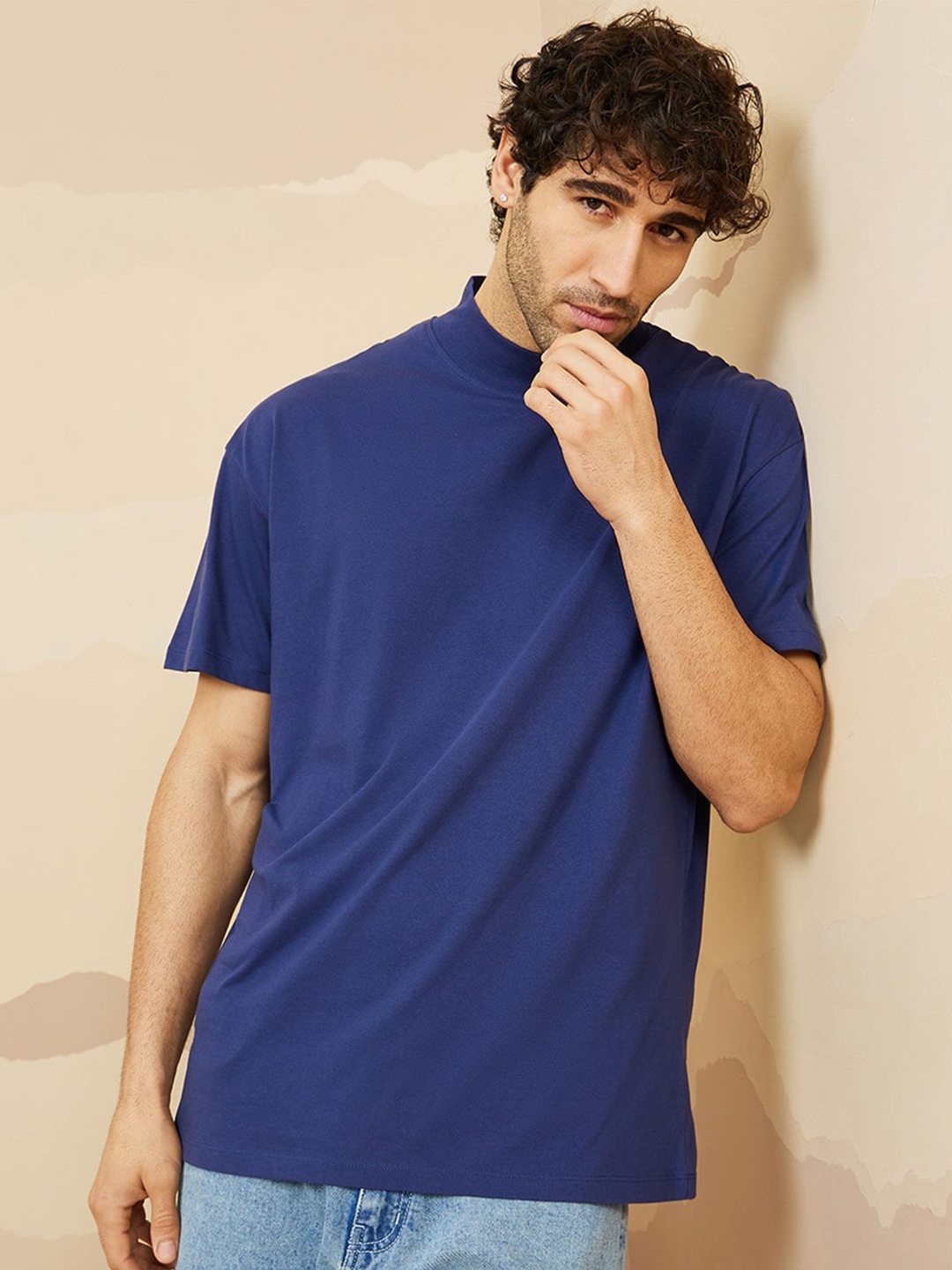 

Styli Men High Neck Oversized T Shirt, Blue