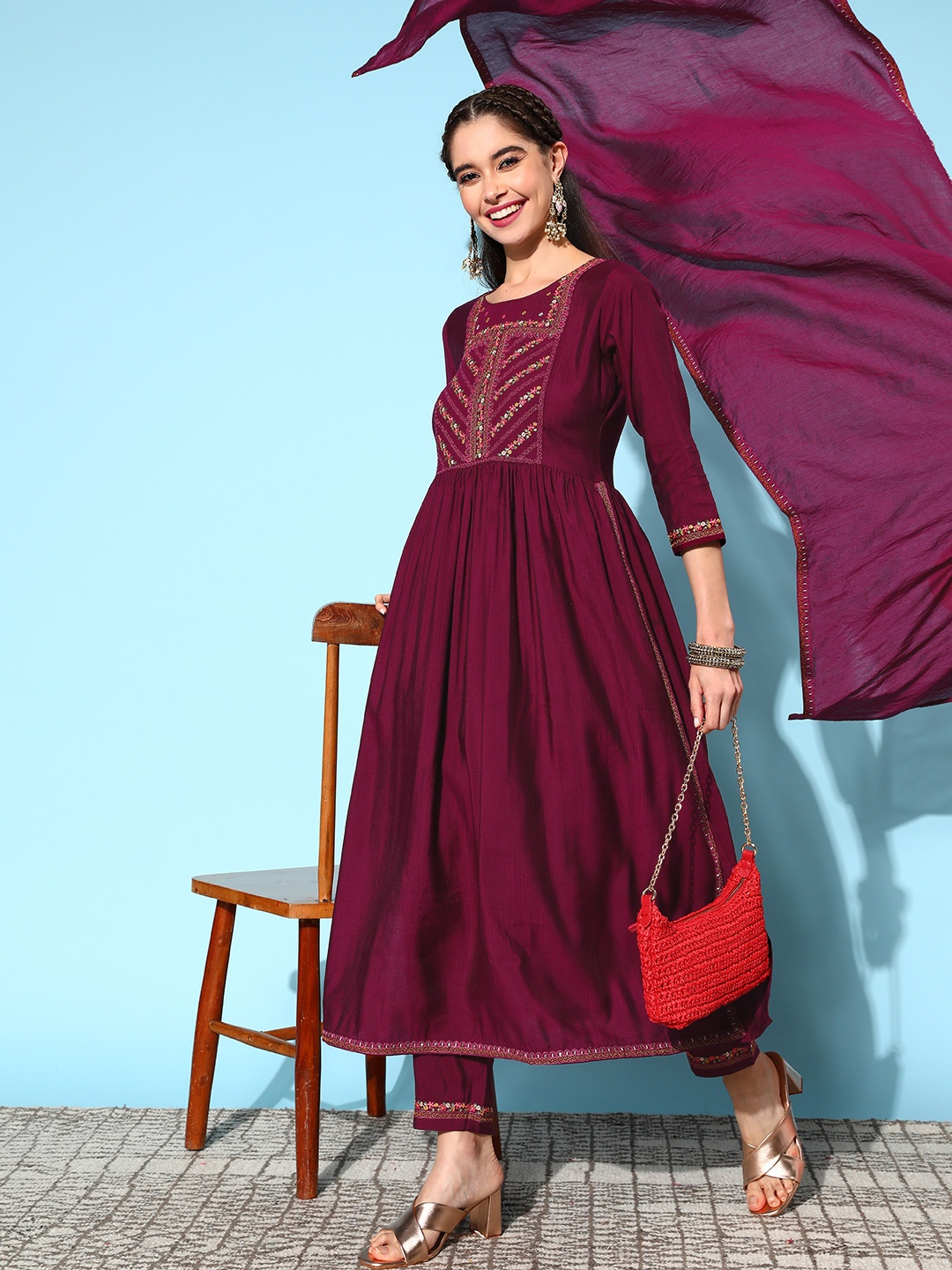 

Sangria Floral Yoke Design Pleated Sequinned Kurta with Trousers & Dupatta, Purple