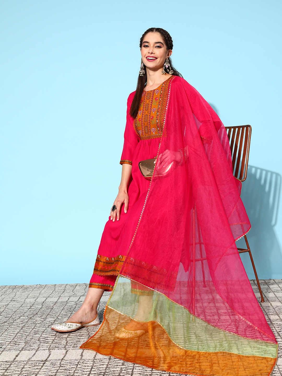 

Sangria Ethnic Motifs Yoke Design Pleated Sequinned Kurta with Trousers & Dupatta, Pink