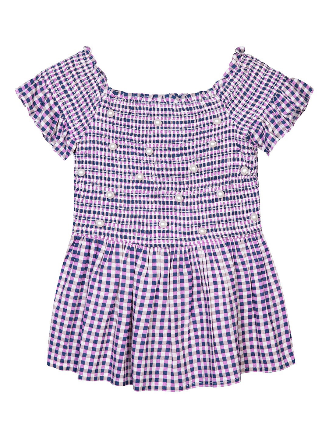 

Budding Bees Girls Checked Smocked Beads Detail Pleated Peplum Top, Purple