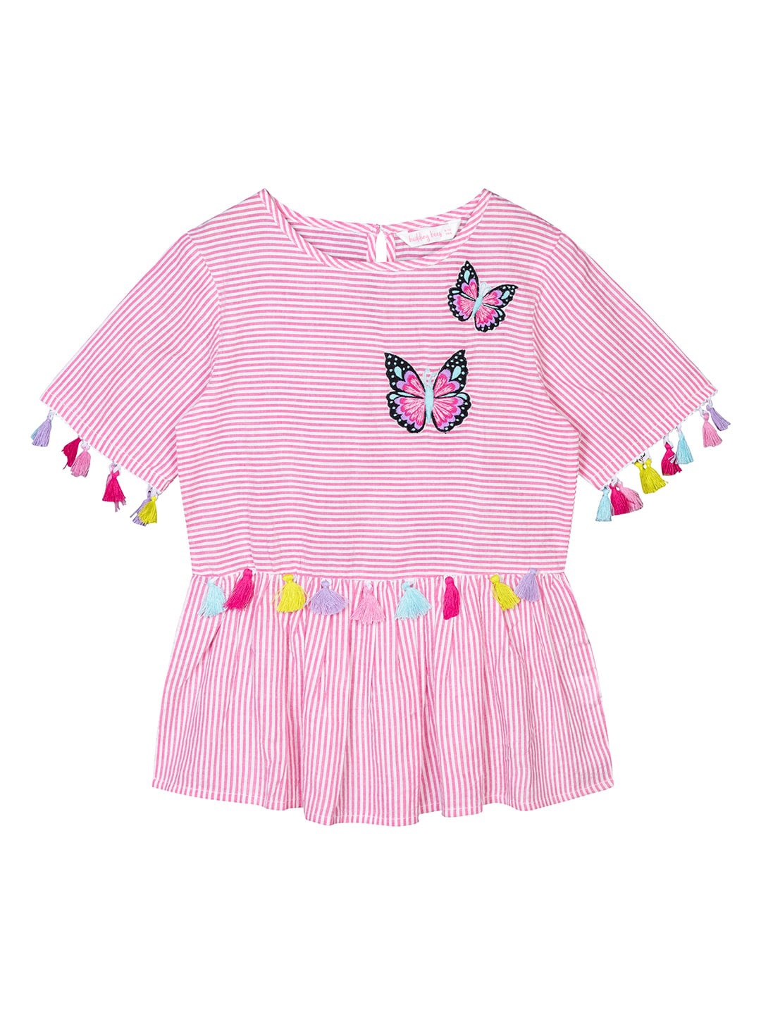 

Budding Bees Girls Striped Embroidered Detail Pleated Cotton Peplum Top, Pink