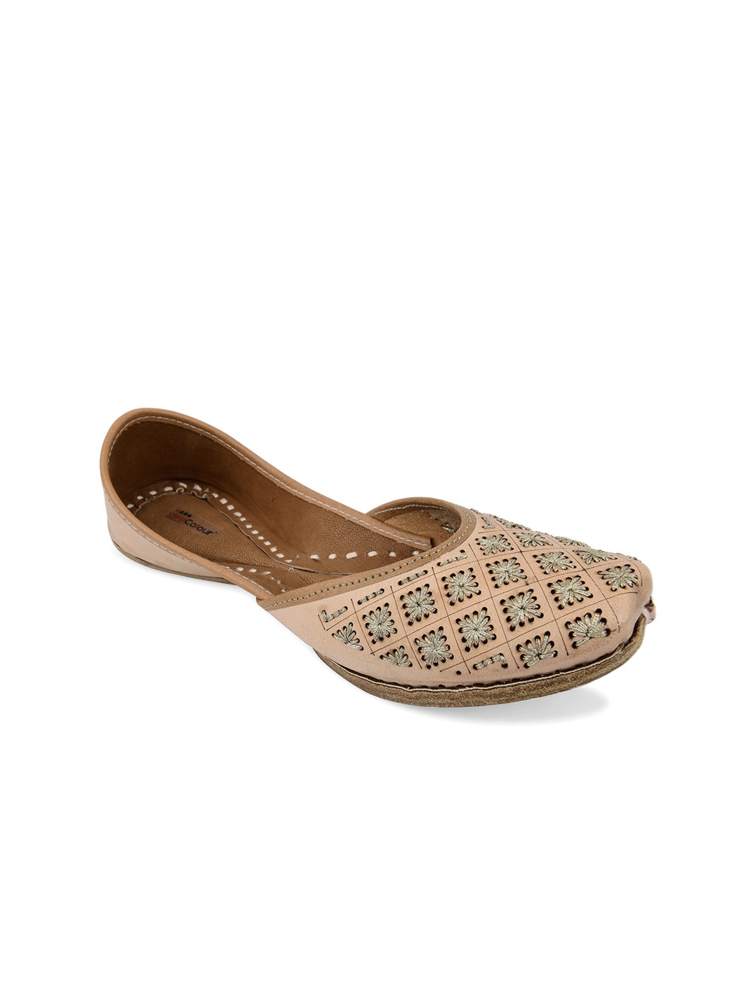 

DESI COLOUR Embroidered Square Toe Leather Mojaris, Nude