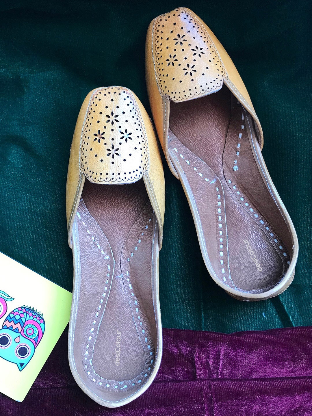 

DESI COLOUR Women Printed Leather Ethnic Ballerinas with Laser Cuts Flats, Tan