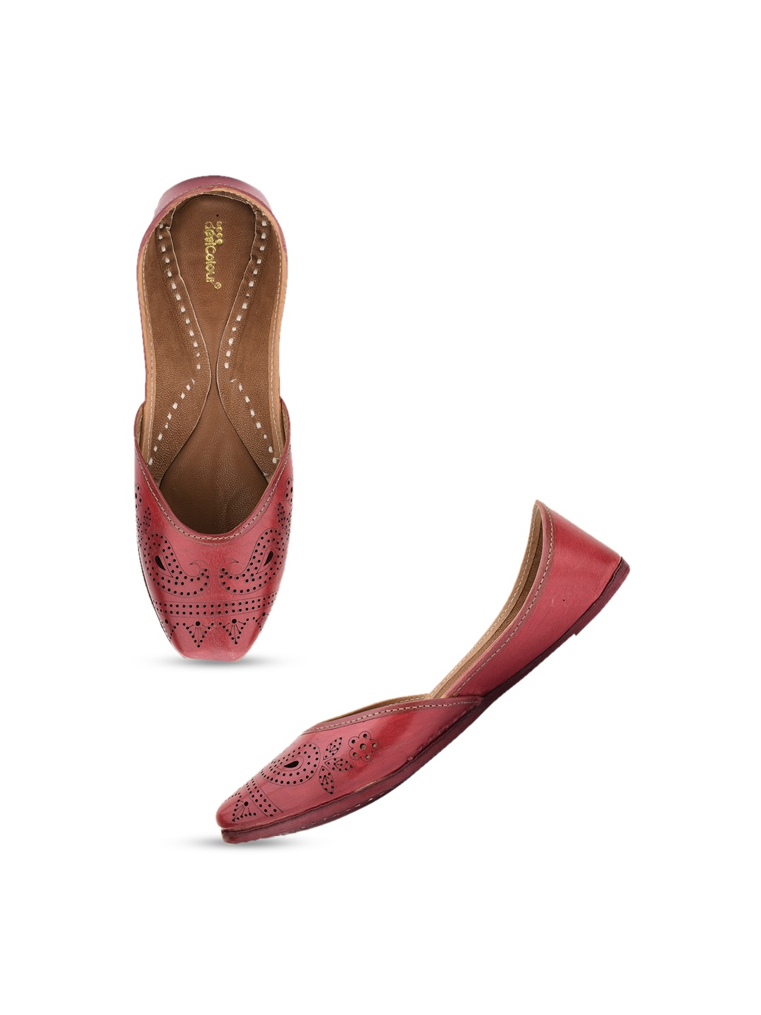 

DESI COLOUR Perforated Square Toe Leather Mojaris, Red