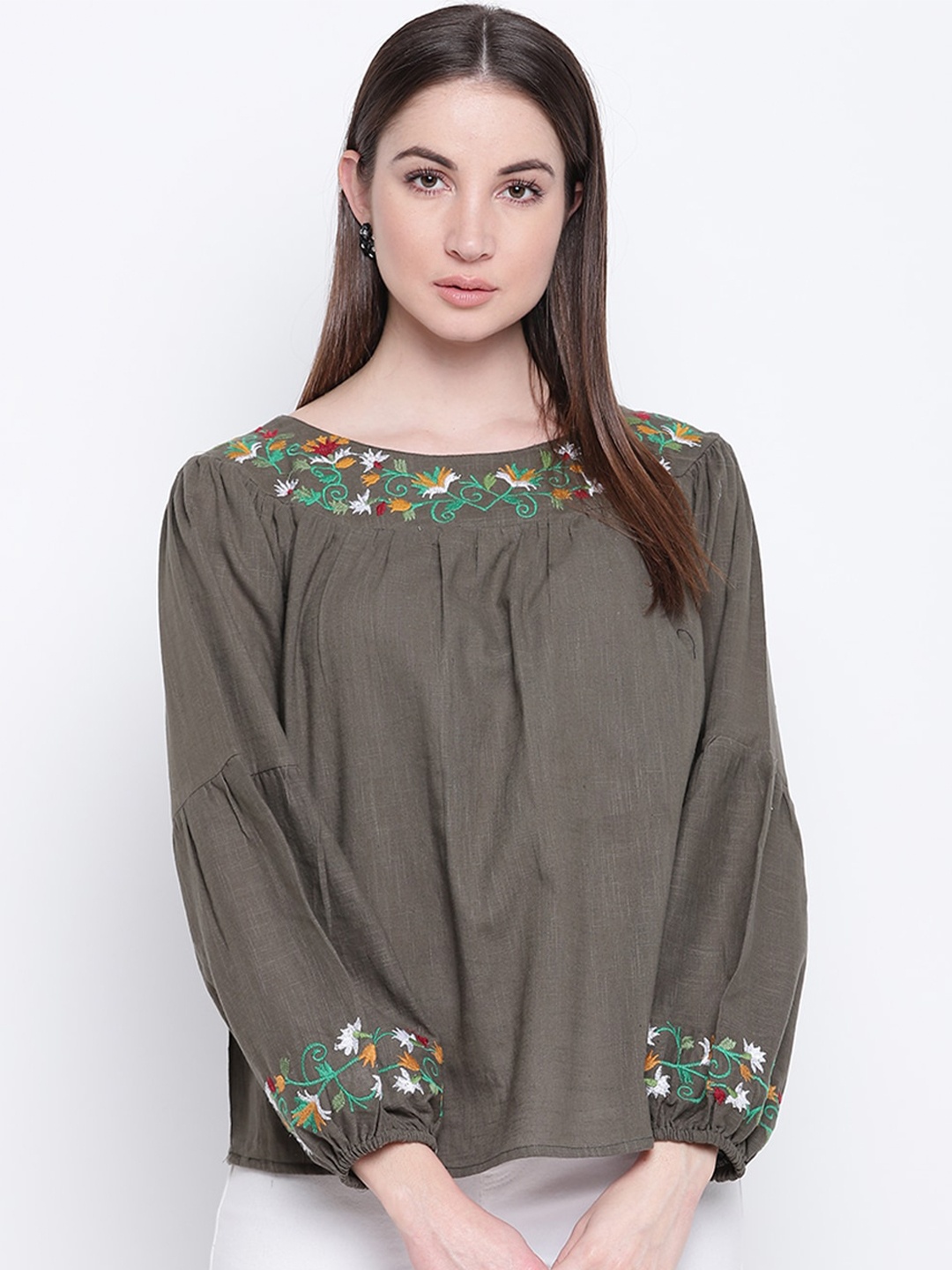 

Mayra Floral Embroidered Gathered Puff Sleeves Pure Cotton A-Line Top, Olive