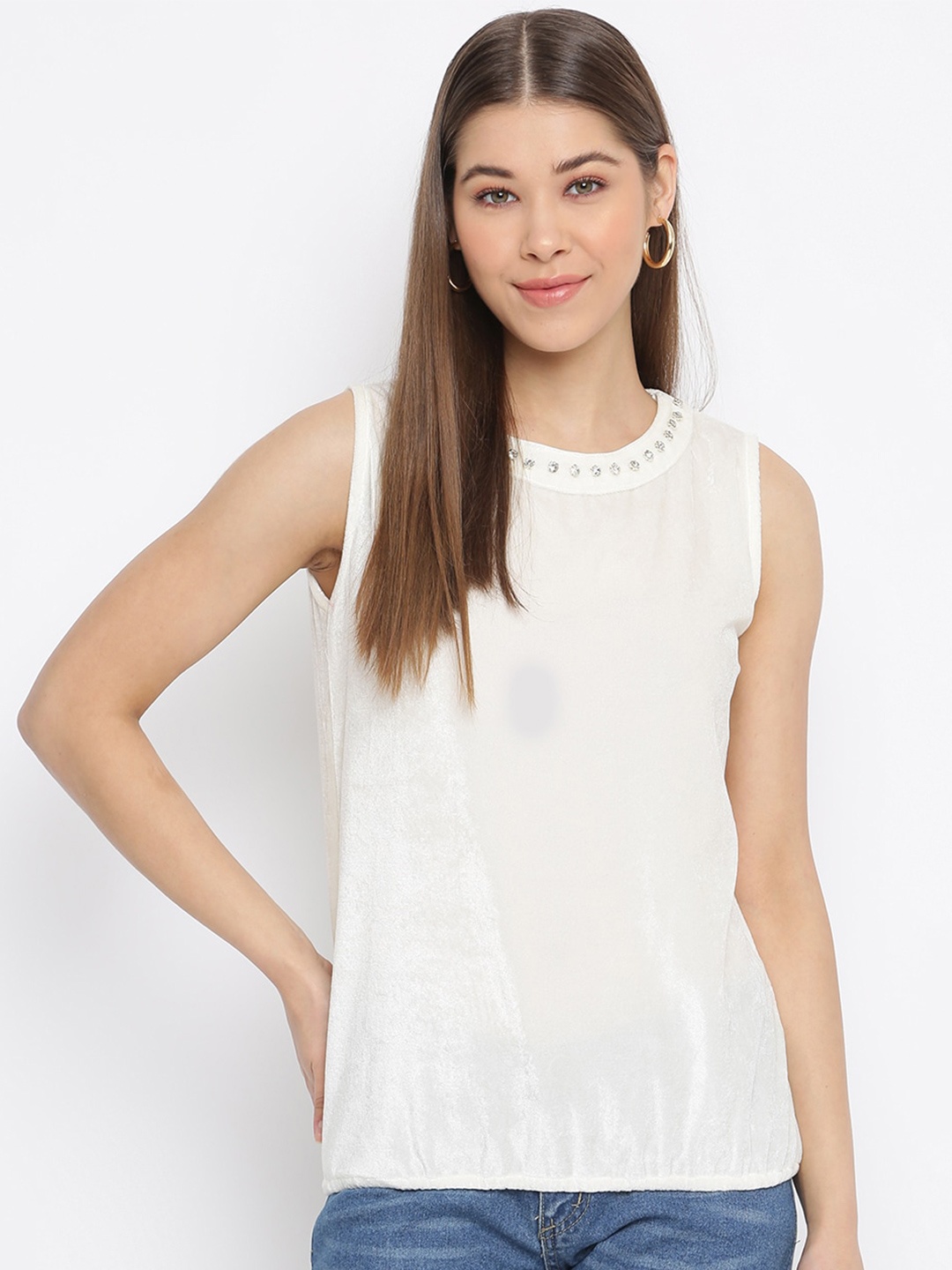 

Mayra Stone Detailed Sleeveless Velvet Top, White