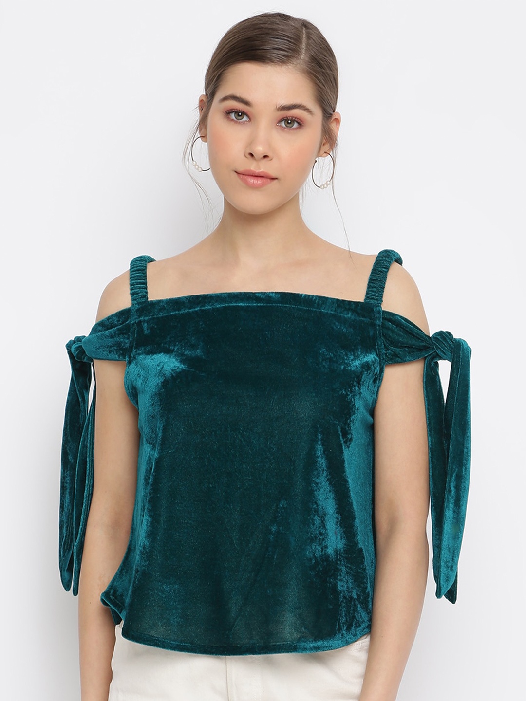 

Mayra Shoulder Strap Curved Hem Velvet Bardot Top, Teal