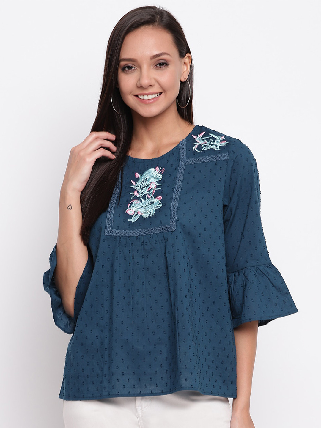

Mayra Pure Cotton Floral Embroidered Top, Blue