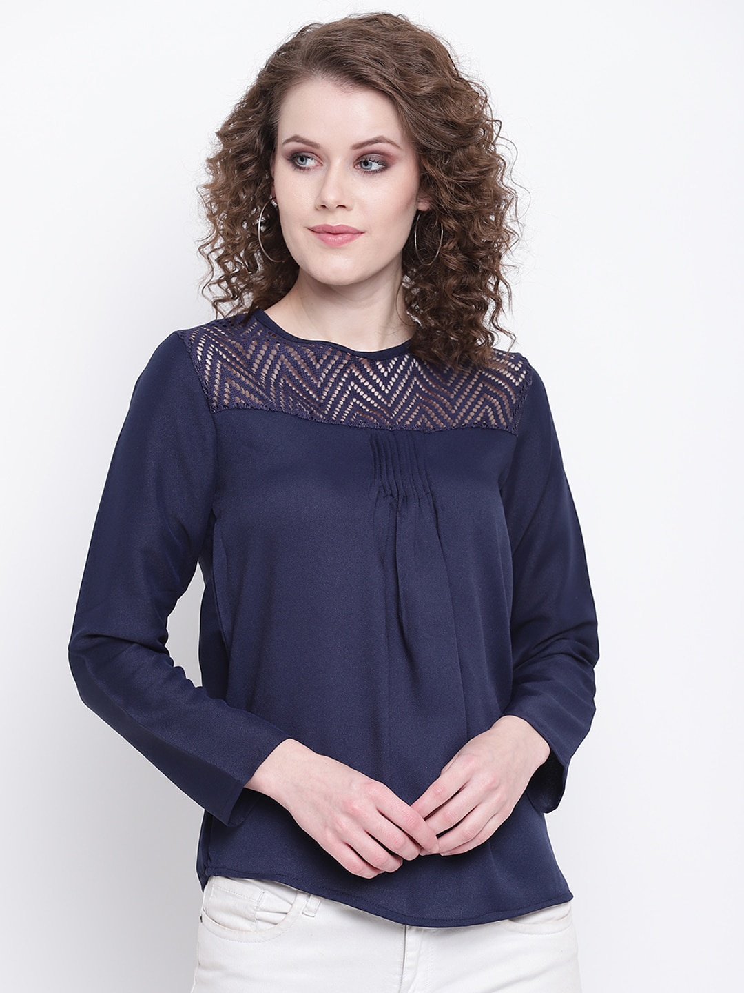 

Mayra Cut Work Crepe Top, Navy blue