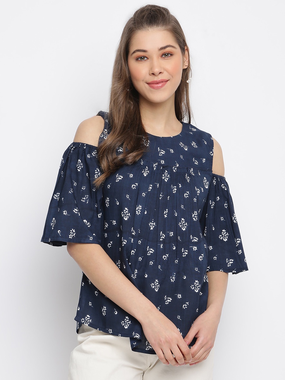 

Mayra Round Neck Cold-Shoulder Sleeves Floral Printed Top, Navy blue