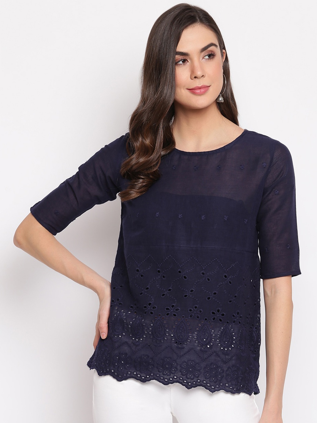 

Mayra Self Design Schiffli Pure Cotton Top, Navy blue