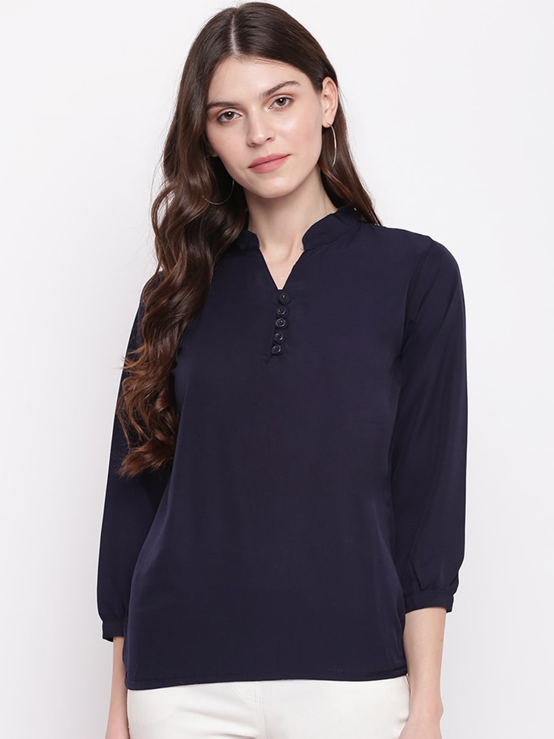 

Mayra Navy Puff Sleeves Mandarin Collar Shirt Style Top, Navy blue